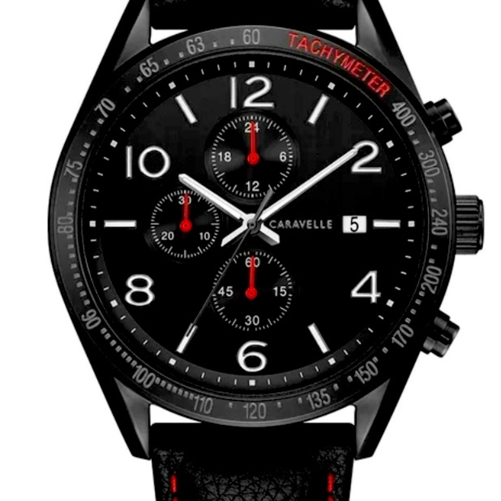 Caravelle by Bulova BRAND NEW 45B153 Black IP Stainless Chrono Red Strap